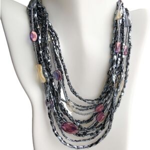 Vintage Czech Bugle Bead Necklace Iridescent Grey